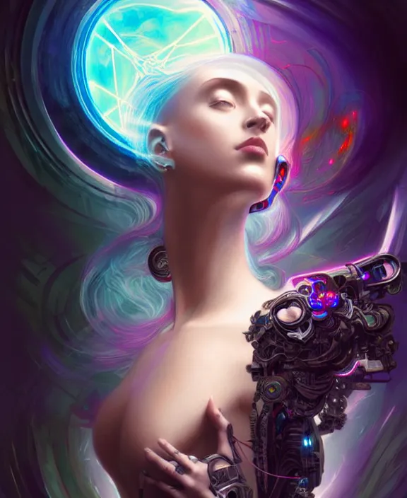 Image similar to a whirlwind of souls rushing inside the metaverse, hologram, half body, neurochip, shaved temple, piercing, jewelry, android, cyborg, cyberpunk face, by loish, d & d, fantasy, intricate, elegant, highly detailed, colorful, digital painting, artstation, concept art, art by artgerm and greg rutkowski and alphonse mucha