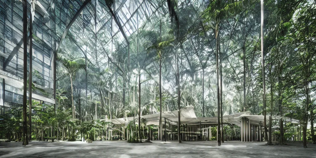 Image similar to Architectural photography of beautiful nature meets architecture building, in a tropical forest, volumetric lighting,, luxury, high detail, 14mm, cinematic photography, archdaily, hgh resolution