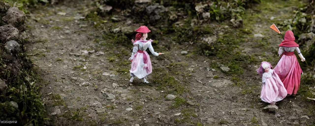 Image similar to princess going on an adventure, leaving a medieval village, photography, miniature