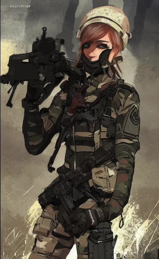 Prompt: girl, trading card front, soldier clothing, combat gear, matte, illustration, by kuvshinov ilya