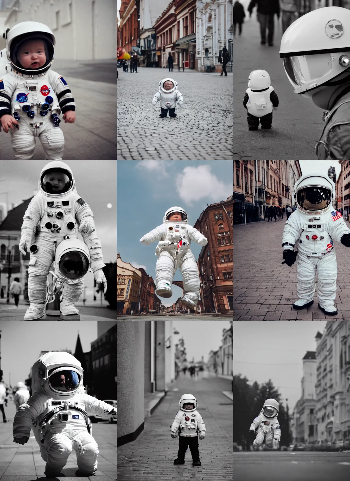 Prompt: extreme low angle, white giant extremely oversized chubby american astronaut baby in spacesut with oversized helmet walking in legnica, in the background are tiny people, movie still, bokeh, canon 5 0 mm, cinematic lighting, dramatic, film, photography, depth of field, award - winning, overcast, 8 k, 3 5 mm film grain