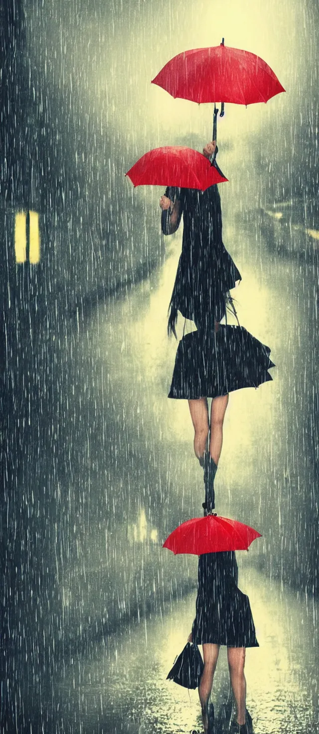 Image similar to lonely girl with umbrella on the wet road, rain, thunder, fog, night street, anime style