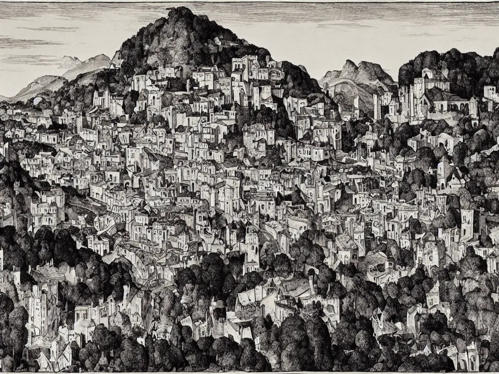 Prompt: panorama of crooked ancient city, by aubrey beardsley, by caspar david friedrich, by albrecht durer, ink, calligraphy, valley, hills, waterfall, river, palace with white walls on top of the hill