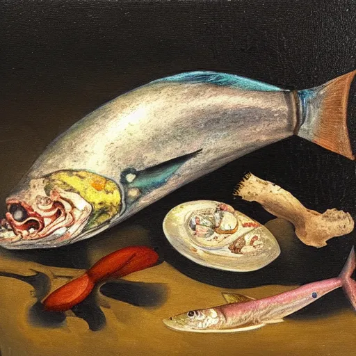 Prompt: a still life of a dead fish, oil painting