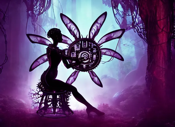 Image similar to silhouette of an intricate mechanical fairy with visible gears having tea with a cyborg winged horned demon medusa in a magical forest. Very detailed 8k. Fantasy cyberpunk horror. Sharp. Cinematic post-processing