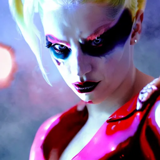 Prompt: Lady Gaga as real-life Harley Quinn, cinematic, Low angle, atmospheric fog and lighting, directed by Michael Bay, movie still, photography