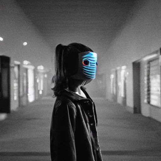 Prompt: girl wearing creeper mask, stranger things, cinematic shot, cine still 800t