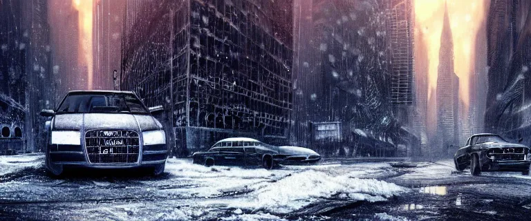 Prompt: Audi A4 B6 Avant (2002), a post apocalyptic, dramatic lighting, cinematic, establishing shot, extremly high detail, photorealistic, cinematic lighting, artstation, style by greg rutkowsky, Max Payne (2003) winter New York landscape
