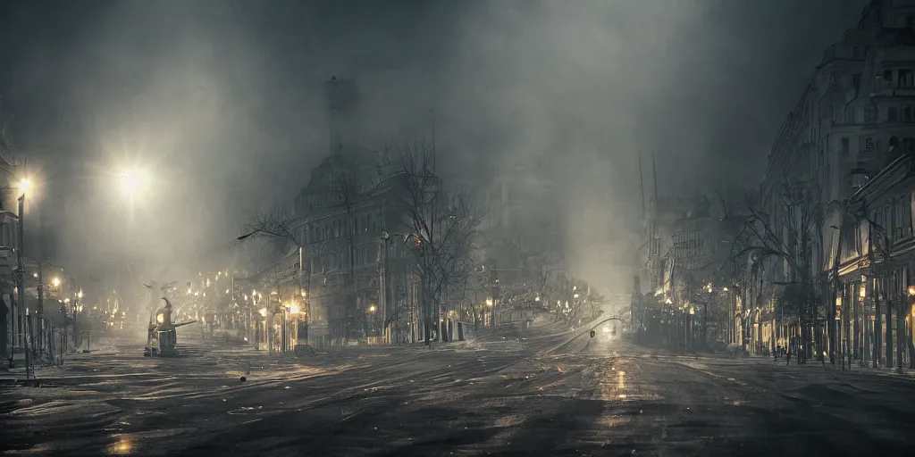 Image similar to cthulhu with face of putin destroying khreshchatyk street, a center of kyiv, dark, trending on artstation, digital art, fog, sun flare, rain