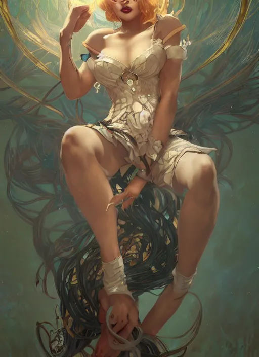 Prompt: character portrait of kindred from league of legends, pinup pose, hyper detailed, digital illustration, illustration, trending in artstation, cinematic lighting, studio quality, sharp focus, intricate, elegant, art style by alphonse mucha, klimt and nixeu, ian sprigger, wlop, krenz cushart, greg rutkowski