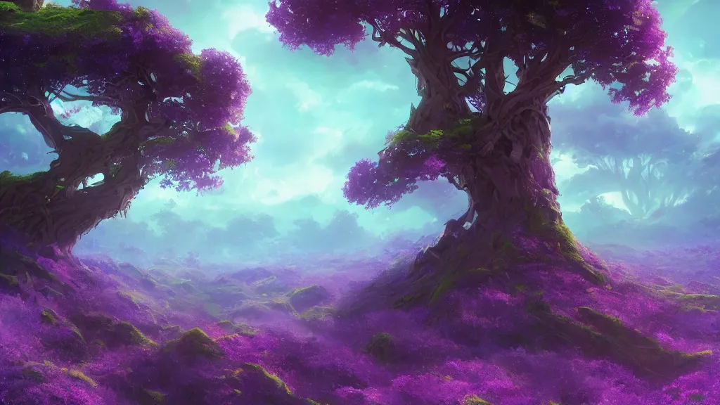 Prompt: giant violet tree overarching green plains, view from the ground, waves of energy, by sylvain sarrailh, rossdraws, ambient light, ultra detailed, fantasy artwork, 8 k, volumetric lighting, trending on artstation, award winning, very beautiful.