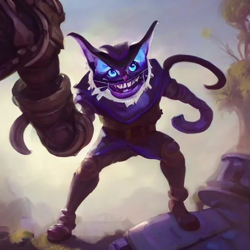 Image similar to greg manchess portrait painting of partially armored cheshire cat from alice in wonderland as overwatch character, medium shot, asymmetrical, profile picture, organic painting, sunny day, matte painting, bold shapes, hard edges, street art, trending on artstation, by huang guangjian, gil elvgren, ruan jia, randy vargas, greg rutkowski