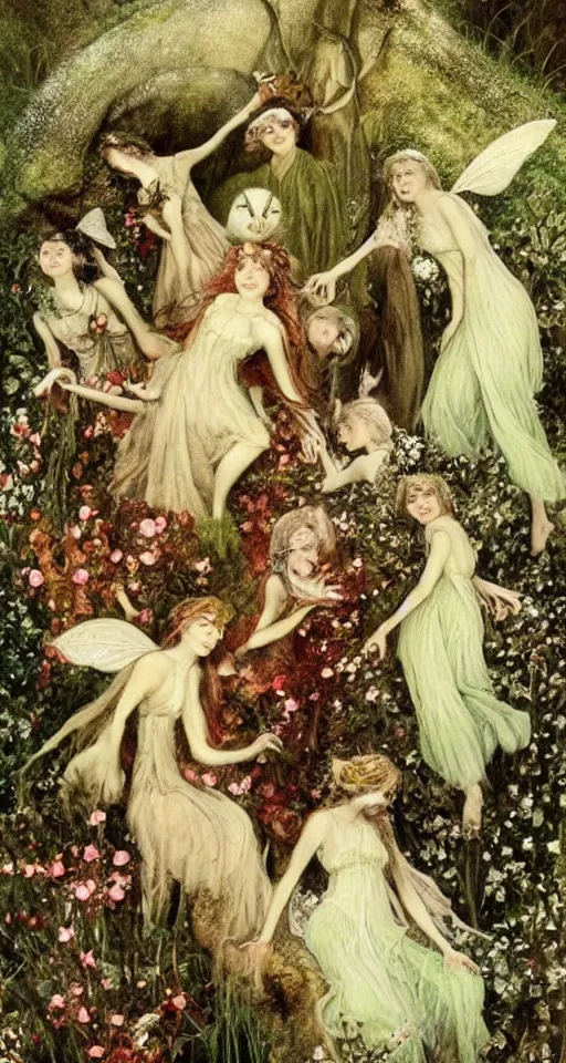 Prompt: a small gathering of fairies wearing beautiful clothing in a dewy mushroom, art by J. A. Fitzgerald, Richard Dadd, Henry Fuseli, beautiful chararacter art, highly detailed, ethereal, beautiful