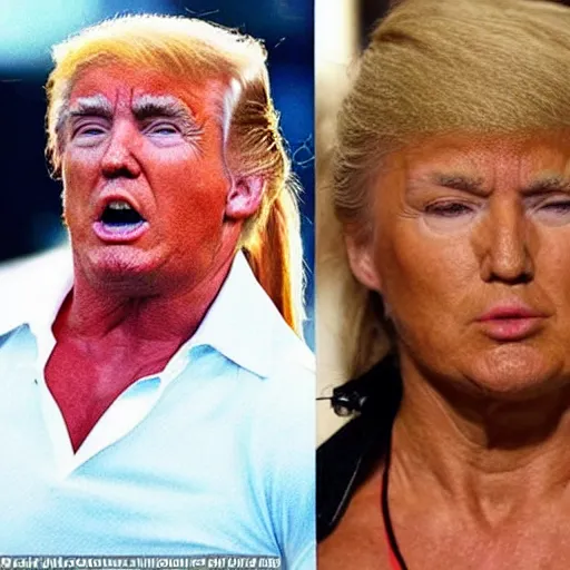 Image similar to a woman who is a genetic combination of hulk hogan and donald trump face and upper - body focus