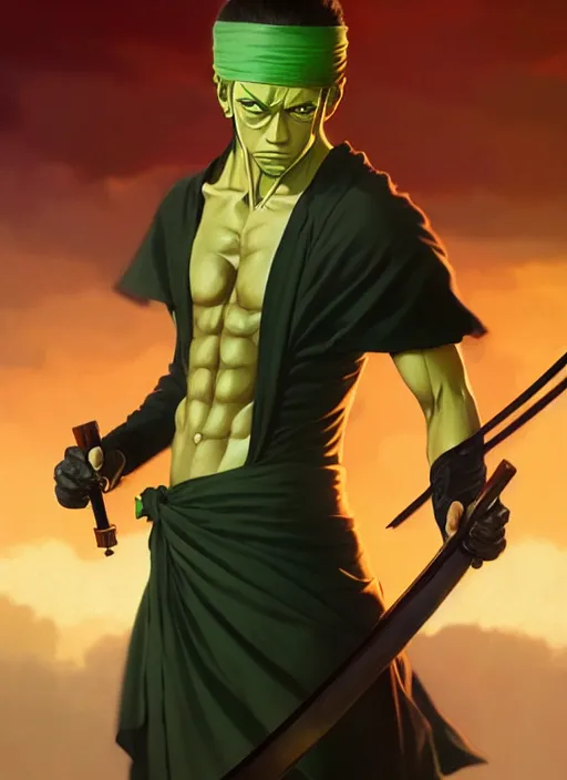 Image similar to ultra realistic illustration, handsome zoro. intricate, elegant, highly detailed, digital painting, artstation, concept art, smooth, sharp focus, illustration, art by artgerm and greg rutkowski and alphonse mucha and wlop