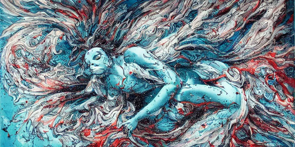 Image similar to an elegant angel surfacing out of the sea, thunderstorm, art by james jean, graffiti, liquid, splatter paint