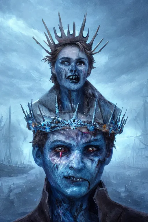 Image similar to frozen zombie man with a crown, eyes glowing blue, saling ship in the background, is at dawn and bluish, fantasy, intricate, elegant, digital painting, highly detailed, artstation, sharp focus, illustration, concept art, ruan jia, steve mccurry