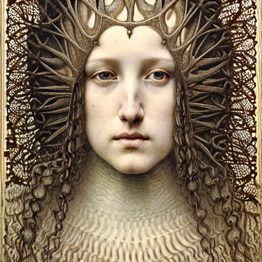 Prompt: detailed realistic beautiful young medieval queen face portrait by jean delville, gustave dore, iris van herpen and marco mazzoni, art forms of nature by ernst haeckel, art nouveau, symbolist, visionary, gothic, pre - raphaelite, fractal lace, surreality, horizontal symmetry, intricate details