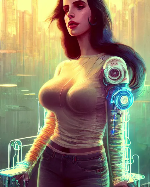 Image similar to portrait of lana del rey as a cyberpunk cyborg. roses, sci - fi, missing panels, intricate abstract upper body intricate artwork, by tooth wu, wlop, beeple, dan mumford. concept art, octane render, deviantart, greg rutkowski, cinematic, key art, hyperrealism, iridescent accents