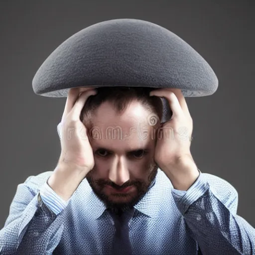 Image similar to man wearing car wheel on head as hat stock photo