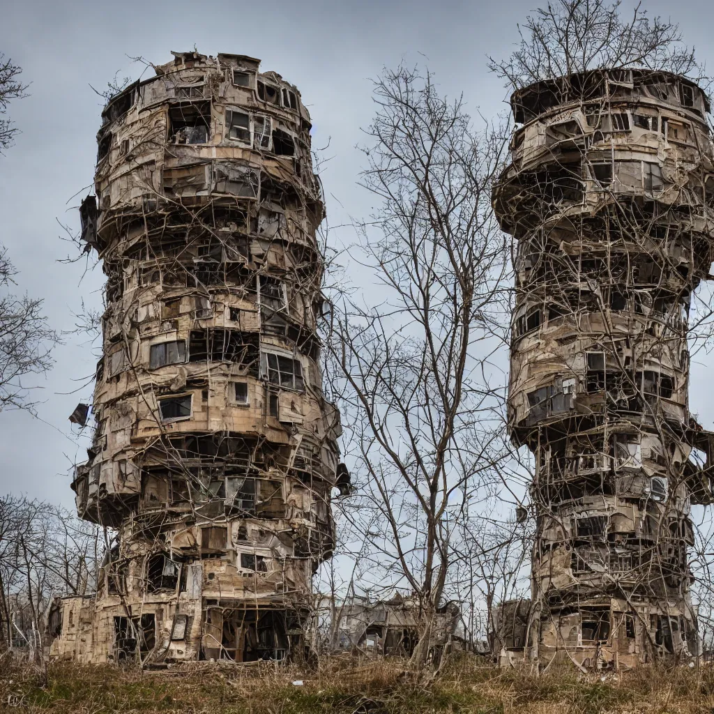 Image similar to a circular tower, made up of makeshift squatter shacks, dystopia, sony a 7 r 3, f 1 1, fully frontal view, photographed by jeanette hagglund