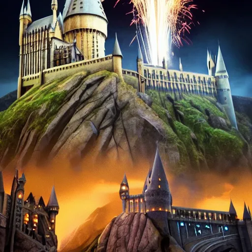 Prompt: hogwarts castle with fireworks and wizards flying on brooms in the night sky, volumetric lighting, 8 k octane beautifully detailed render, post - processing, extremely hyper - detailed, intricate, epic composition, cinematic lighting, masterpiece, trending on artstation, detailed detailed detailed, masterpiece, stunning art by anders zorn, wonderful masterpiece by greg rutkowski, beautiful cinematic light,