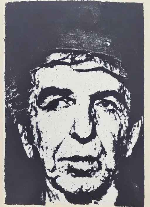 Image similar to Leonard Cohen portrait, By andy warhol