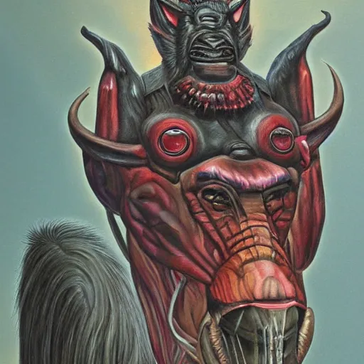 Image similar to painting of a hybrid between a horse and mandrill, in the style of wayne barlowe