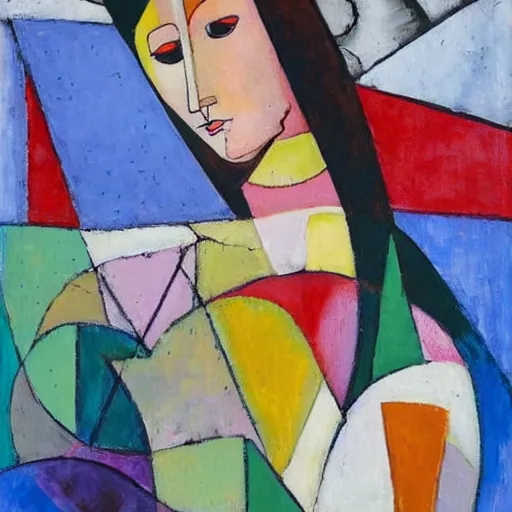 Prompt: woman in glorious robes rose up vast as the skies, old as the mountains and formless as starlight to shelter the precious memories, matter, messages, high quality abstract art in the style of cubism and davinci and cubism,