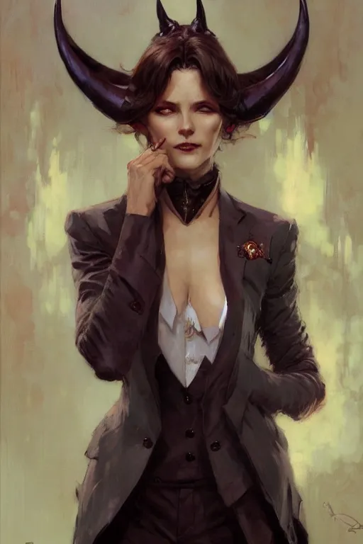 Image similar to well dressed woman in a suit with a sly smile and demon horns portrait dnd, painting by gaston bussiere, craig mullins, greg rutkowski, yoji shinkawa