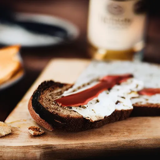 Image similar to toast with nutella and a fish head, food photography, 5 0 mm f / 1. 6, bokeh, sigma lens, elegant