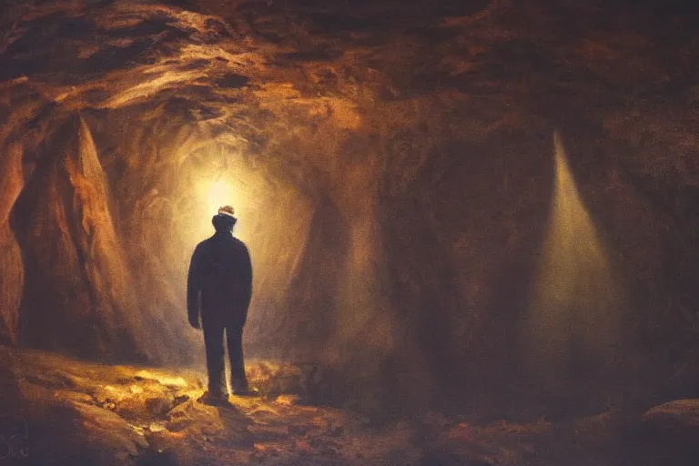 Image similar to A beautiful painting of a lone man with weak flashlight in huge dark underground cave