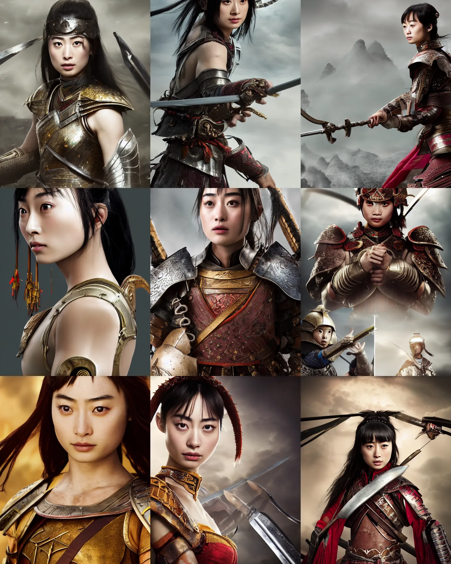 Prompt: suzu hirose as chinese warrior princess at the battle of helms deep, background: battle scene, clear makeup, clean hair, dry skin, clear skin, airbrushed, bright eye makeup, warrior body, photo by mario testino, 8k octane render, cinematic, hyper detailed, micro details, insanely detailed, trending on artstation, concept art