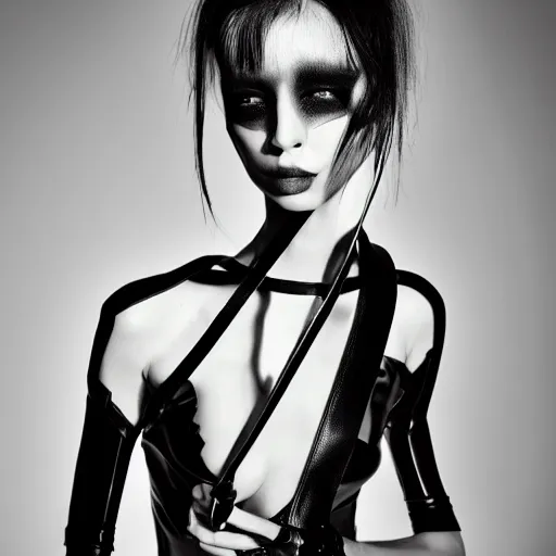 Image similar to fashion photography of an extraterrestrial model, holding a leather whip, wearing demobaza fashion, inside berghain, berlin fashion, harness, futuristic fashion, dark minimal outfit, photo 3 5 mm leica, hyperdetail, berghain, 8 k, very detailed, photo by nick knight