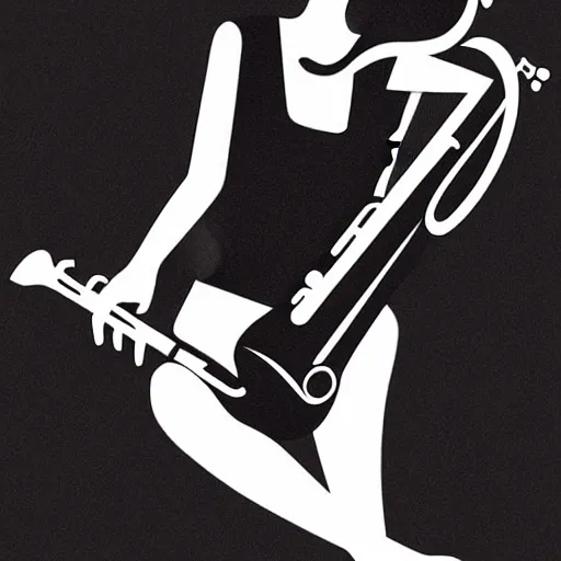 Image similar to an ink drawing of a tech punk girl playing the saxophone by ilya kuvshinov, black and white, white outline, high contrast