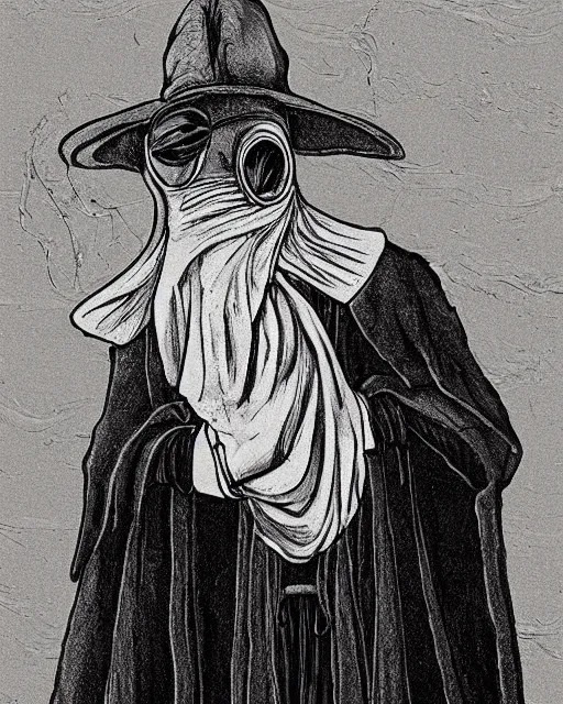 Image similar to a plague doctor holding his mask, mask in hand, black robes, detailed art by greg rukowtski