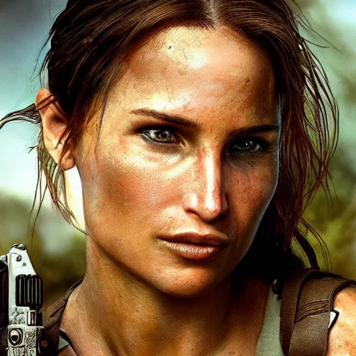 Prompt: “Portrait of Lara Croft by Annie Leibovitz, 4K, digital photography, portrait.”