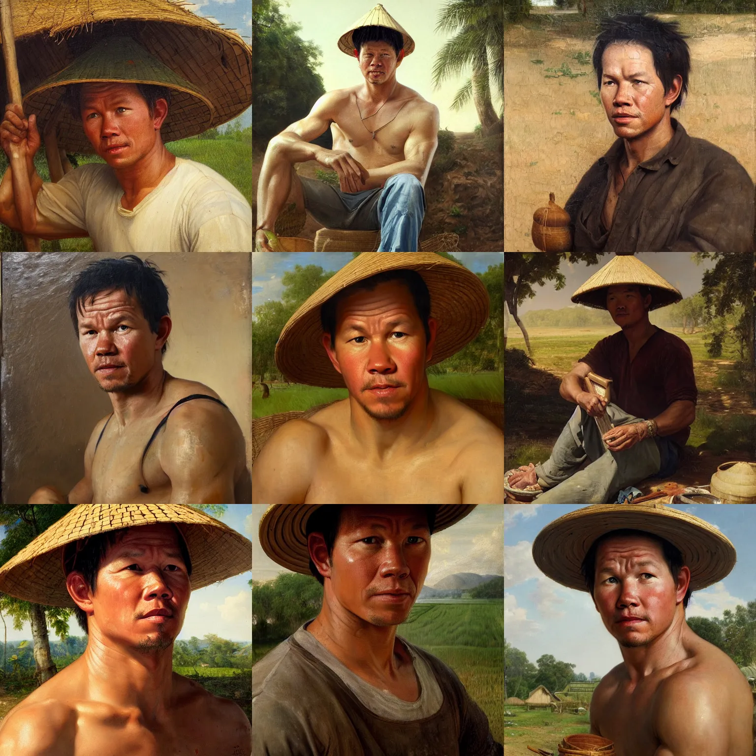 Prompt: portrait of mark wahlberg as a vietnamese farmer sweating under the hot sun, oil on canvas painting, oil on canvas by william sidney mount - 1 8 3 3, trending on artstation