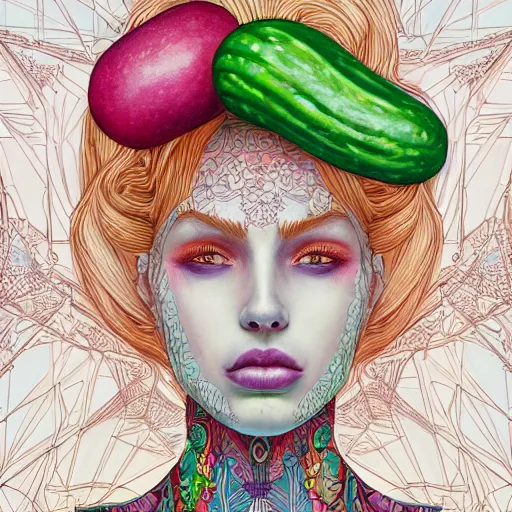 Prompt: the portrait of an incredibly beautiful, colorful, graceful, sexual, playful, and sophisticated young woman made of cucumbers, an ultrafine detailed illustration by james jean, intricate linework, bright colors, final fantasy, behance contest winner, vanitas, angular, altermodern, unreal engine 5 highly rendered, global illumination, radiant light, detailed and intricate environment