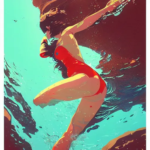 Image similar to a ultradetailed beautiful panting of a woman diving into the ocean, by conrad roset, greg rutkowski and makoto shinkai, trending on artstation