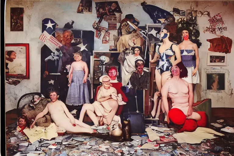 Prompt: color joel peter witkin photo of 1 9 5 0 s suburban family, capitalist propaganda meets body horror, patriotic nihilism, annie liebovitz, bosch, pixar