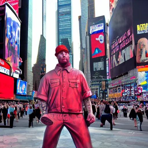 Image similar to limp bizkit fred durst statue in the middle of nyc time square, realistic, real photograph, real event, hddr,