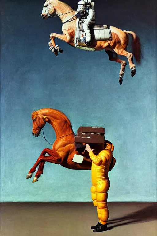 Image similar to an astronaut lifts a horse with his mind and makes it levitate, hauntingly surreal, highly detailed painting by francis bacon, edward hopper, adrian ghenie, gerhard richter, and james jean soft light 4 k,