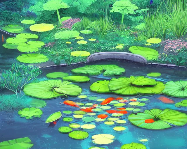 Image similar to Digital painting of koi pond, lotus flowers, dark blue water, green lily pads, goldfish, a fantasy digital painting by makoto shinkai and Alena Aenami, trending on artstation,