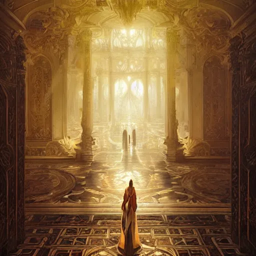 Image similar to a fantasy versailles, symmetric face, hyperrealism, epic fantasy digital art, fantasy style art, by Greg Rutkowski, fantasy magic the gathering card art style