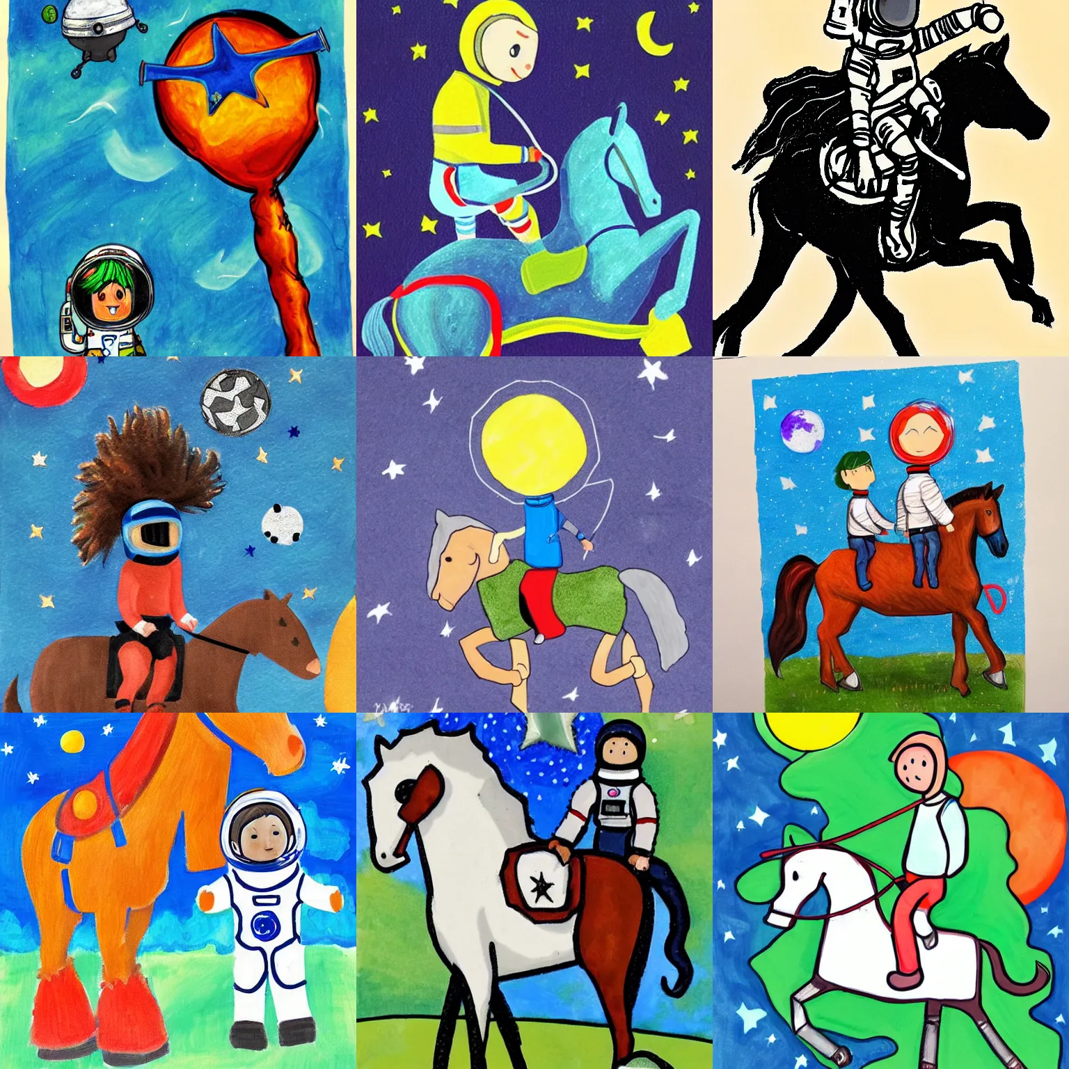 Prompt: a horse riding an astronaut. child art