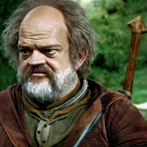 Image similar to kelsey grammar as a hobbit in lord of the rings, 4 k hd film still