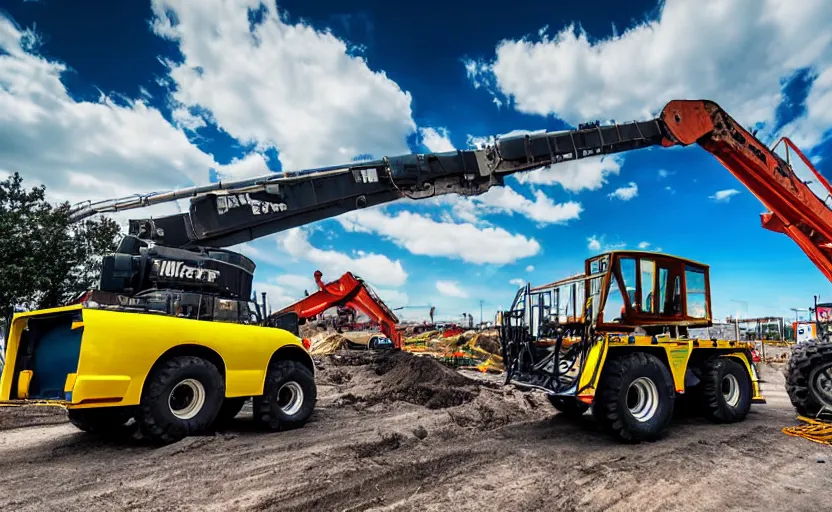 Image similar to monster truck cement mixer construction vehicle with tank turret and crane in front of a road construction site, dystopian, imax, dramatic clouds