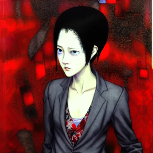 Image similar to yoshitaka amano blurred and dreamy realistic three quarter angle horror portrait of a sinister young woman with short hair, horns and red eyes wearing office suit with tie, junji ito abstract patterns in the background, satoshi kon anime, noisy film grain effect, highly detailed, renaissance oil painting, weird portrait angle, blurred lost edges