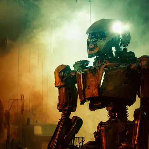 Image similar to mecha made from car parts, dark messy smoke - filled cluttered workshop, dark, dramatic lighting, orange tint, cinematic, highly detailed, sci - fi, futuristic, movie still from blade runner